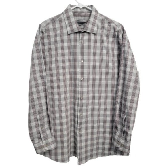 Geoffrey Beene Plaid Button Up Long Sleeve Flex Collar Gray White 16-16  1/2 - Picture 8 of 10